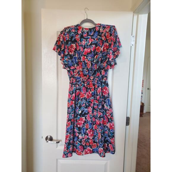 Candi Jones Vintage 80's Floral Ruffled Vibrant Short Sleeve Midi Dress Sz 9/10 - Picture 9 of 13